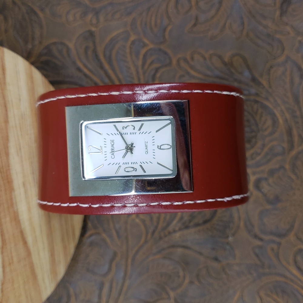 Vintage Carriage Timex Red Genuine Leather Wide Band Stainless Steel Watch